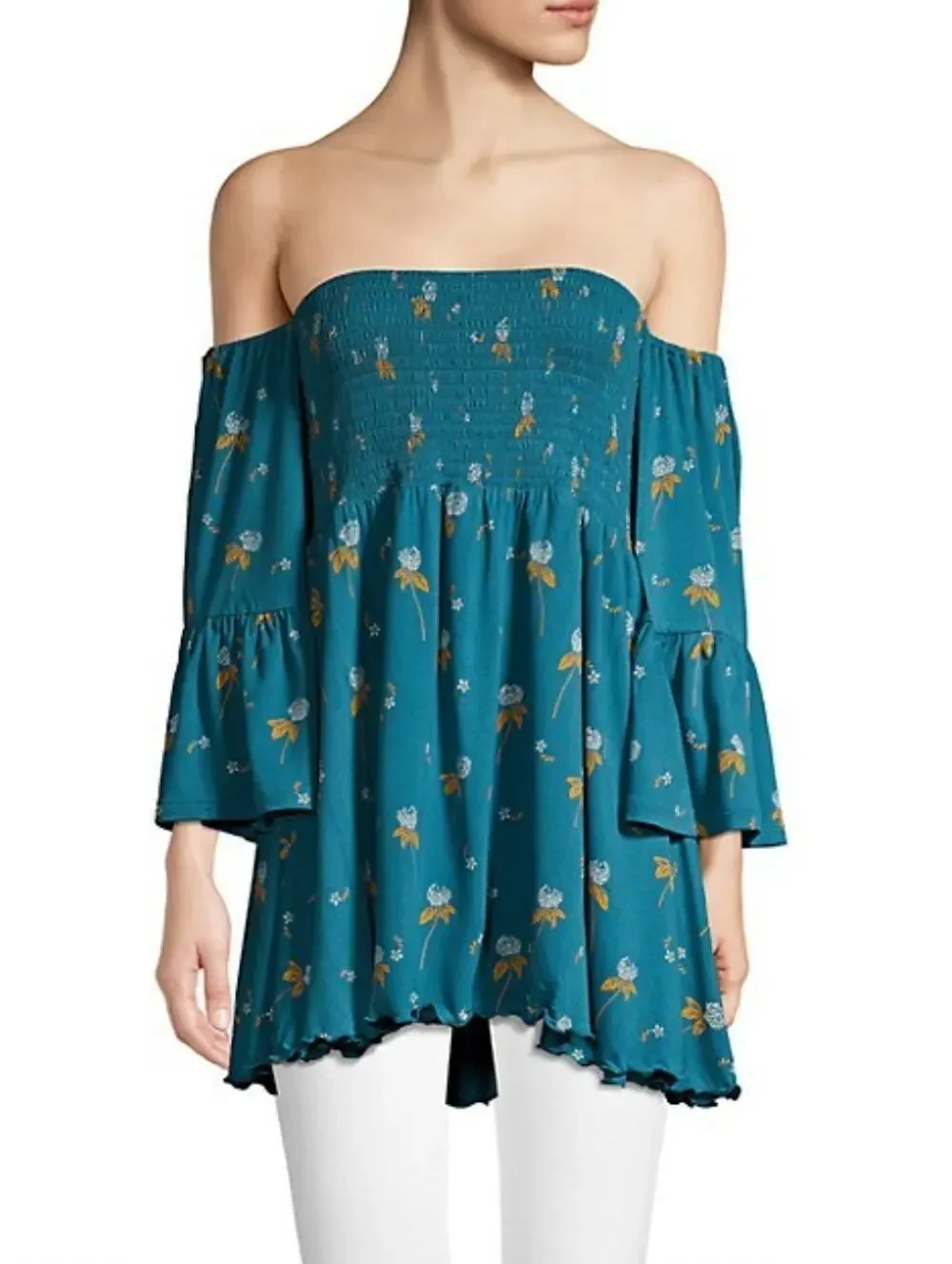 FREE PEOPLE Lana Teal Tunic Top Floral Smocked Off Shoulder Bell Sleeve Sz Large